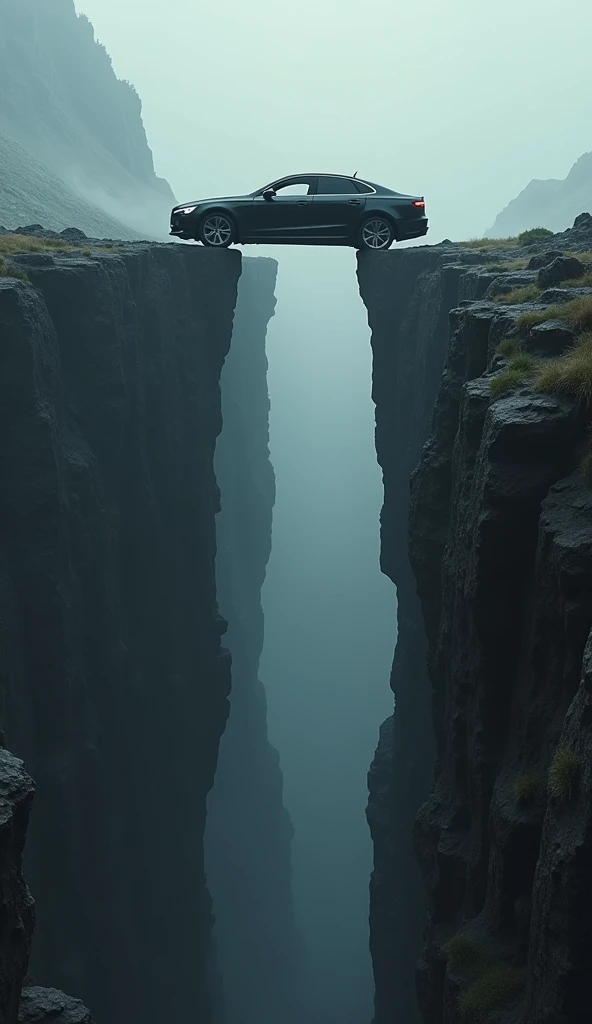 Help me with an image of a car with the doors open in perspective looking at a ravine