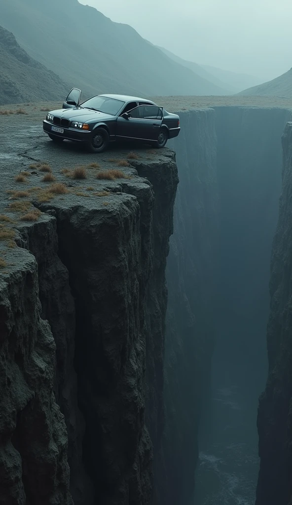 Help me with an image of a car with the doors open in perspective looking at a ravine