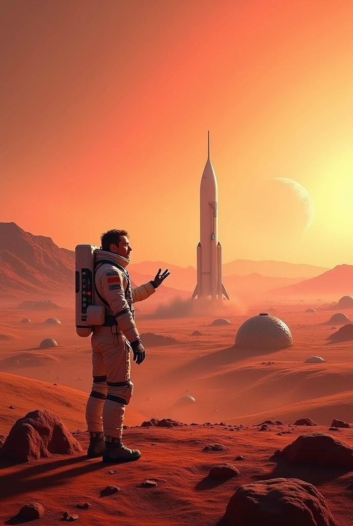 Elon Musk’s Vision for Mars:
"A futuristic landscape on Mars with a SpaceX rocket in the background. Elon Musk, in a spacesuit, is seen pointing towards a newly established Martian colony with domed habitats and solar panels. The Martian sky is a mix of red and orange hues, with Earth faintly visible in the distance."