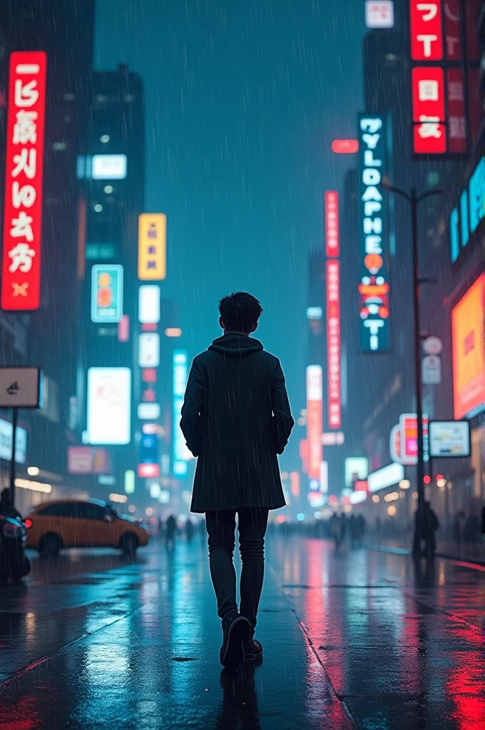 1boy,night city,rain,coat,hands in pockets