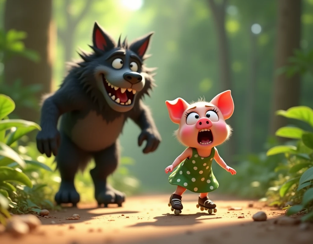 pixar style, 3d, 1scared cute piglet and 1big tall black wolf, the cute piglet is in front and on right side screaming loudly in fear while moving fast on her rollerblades, the piglet is wearing green dress with white polka dots. The big tall black wolf is on the left side much behind the piglet and looking at the piglet laughing scarily, the black wolf is furry with grey snout and belly, with ((realistic black fur:1.4)), cute but revengeful mischief and is looking at the piglet while laughing and looking sly and scary. The setting is of a jungle in bright day light, game button art, Game illustration, lovely digital painting, artstation for kids art, Official artwork, key art, mobile game art, cover game art, zootopia concept art, (soft lighting:1.3), (green and earthy color scheme:1.3), (highly detailed), (ultra quality:1.3), (masterpiece), (digital art), 8K resolution, HDR, depth of field, (soft shadows), (photorealistic:1.3), (animation:1.2), (by Greg Rutkowski:0.9), (in the style of Alphonse Mucha), trending on ArtStation, award-winning art, 3d style