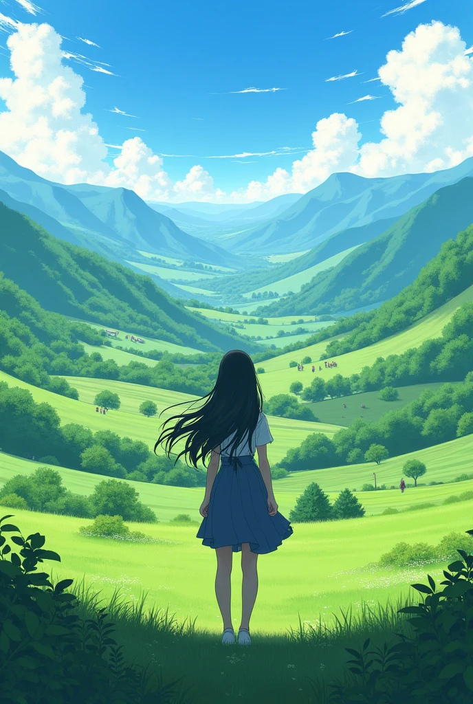 Summer in the countryside、Long Hair, One girl, Japan High Resolution, Back view, 8k octane, Spectacular、People are small、scenery、null