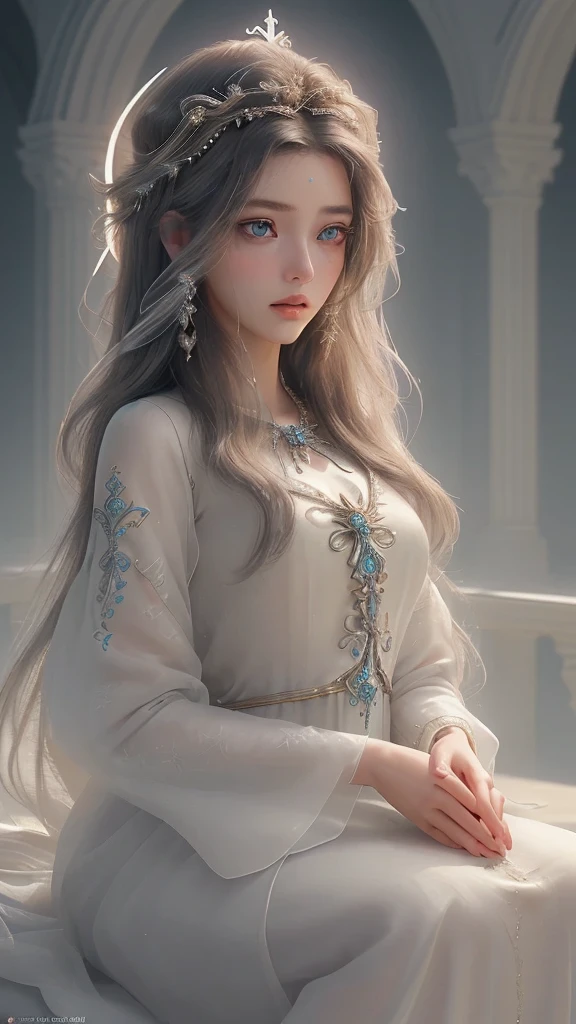 1girl, beautiful detailed eyes, beautiful detailed lips, extremely detailed face and features, long flowing hair, graceful flowing dress, praying pose, soft lighting, sacred atmosphere, halo effect, serene expression, ethereal beauty, elegant figure, timeless beauty, photorealistic, 8k, high quality, masterpiece, digital art