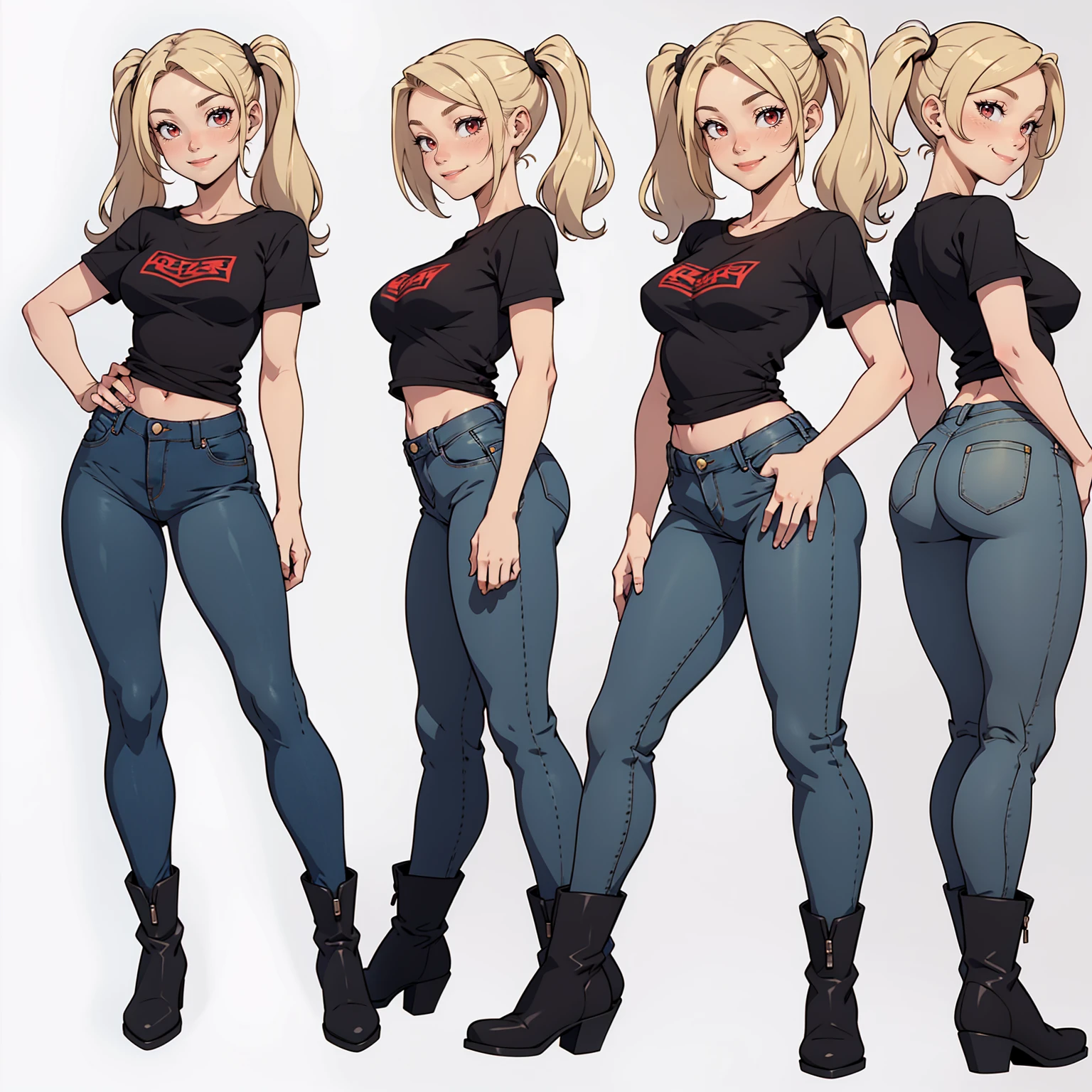 Very detailed, smiling facial expression, medium breasts, full body view, blonde hair with twintails, red eyes, small breasts, looking at viewer, wearing grey t-shirt, denim pants, black boots, cute pose.