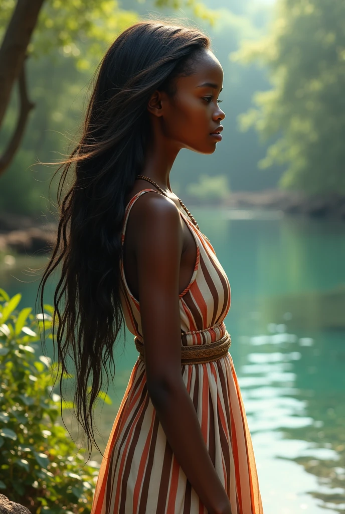 Generate an African girl standing by the riverside wearing a black and white vertical striped dress with long hair flowing in the wind
