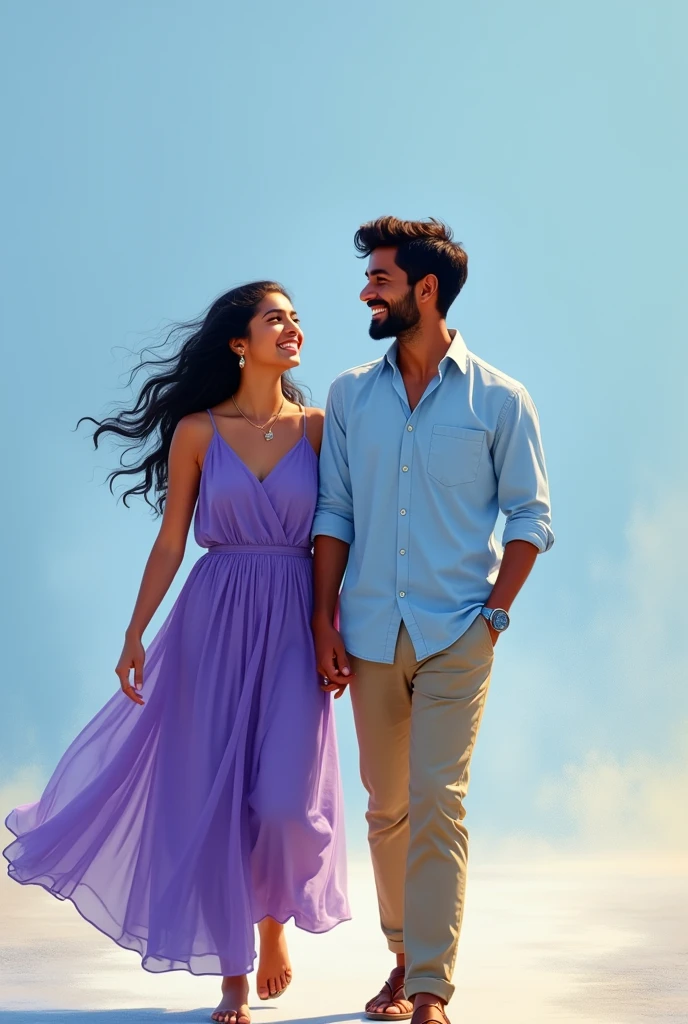 A young indian couple walking together and smiling, the woman wearing a violet dress and the man wearing a light blue shirt and khaki pants, in front of a blue and white background realistic 