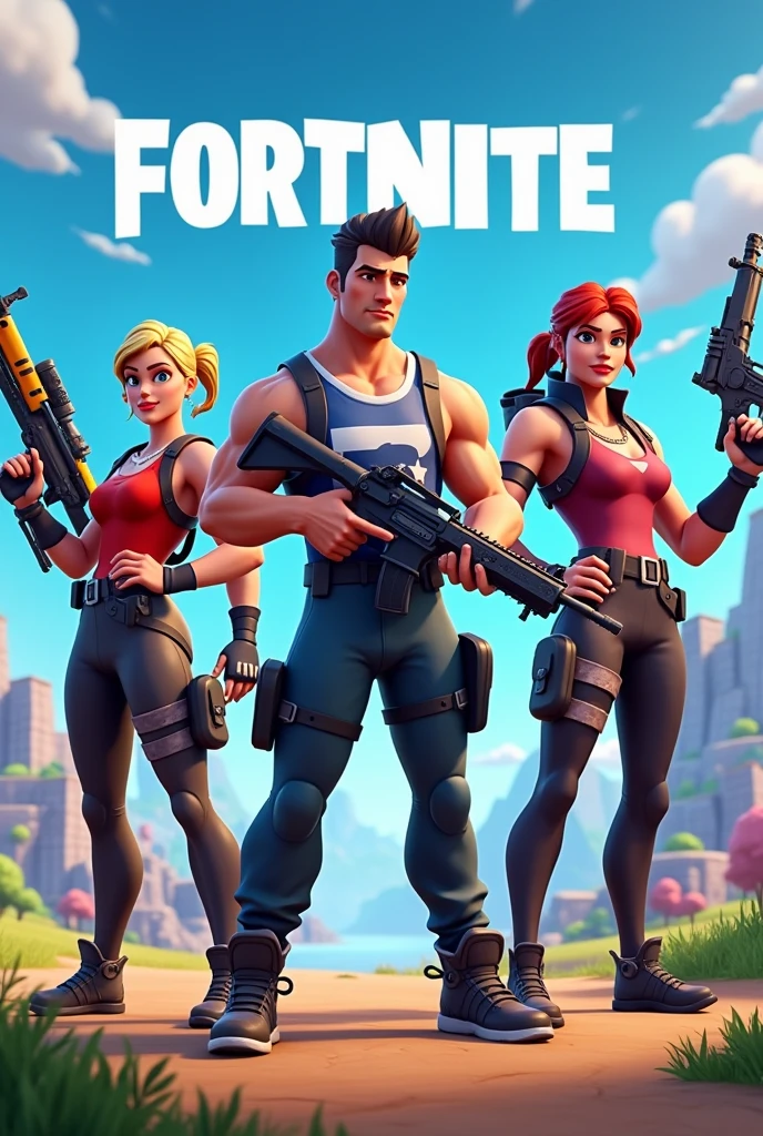 A creative map image in the Fortnite game about the diverse gameplay and the title Choose and Play. There are three characters carrying weapons and the images are in width, not length, and I want it to be on the Fortnite game design or close to it. 