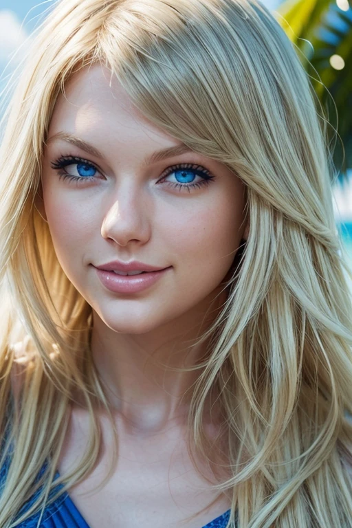  Taylor Swift, long blonde hair, (close-up, portrait), ((detailed blue eyes, smiling)), tropical island, (((masterpiece, best quality))).