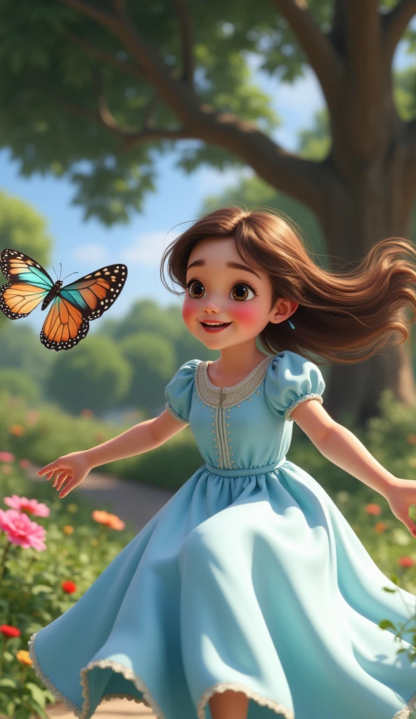 Aisha, the  with long brown hair in a light blue dress, is standing and running excitedly towards the butterfly. She has a big smile on her face and her arms are stretched out as she tries to catch the butterfly. The butterfly is just ahead of her, flying toward a garden. The park scene remains the same with trees, flowers, and a bright sky.