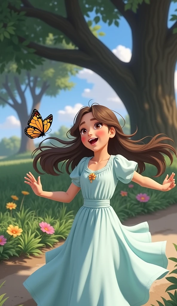 Aisha, the with long brown hair in a light blue dress, is standing and running excitedly towards the butterfly. She has a big smile on her face and her arms are stretched out as she tries to catch the butterfly. The butterfly is just ahead of her, flying toward a garden. The park scene remains the same with trees, flowers, and a bright sky.