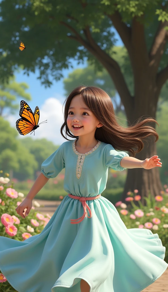 Aisha, the  with long brown hair in a light blue dress, is standing and running excitedly towards the butterfly. She has a big smile on her face and her arms are stretched out as she tries to catch the butterfly. The butterfly is just ahead of her, flying toward a garden. The park scene remains the same with trees, flowers, and a bright sky.