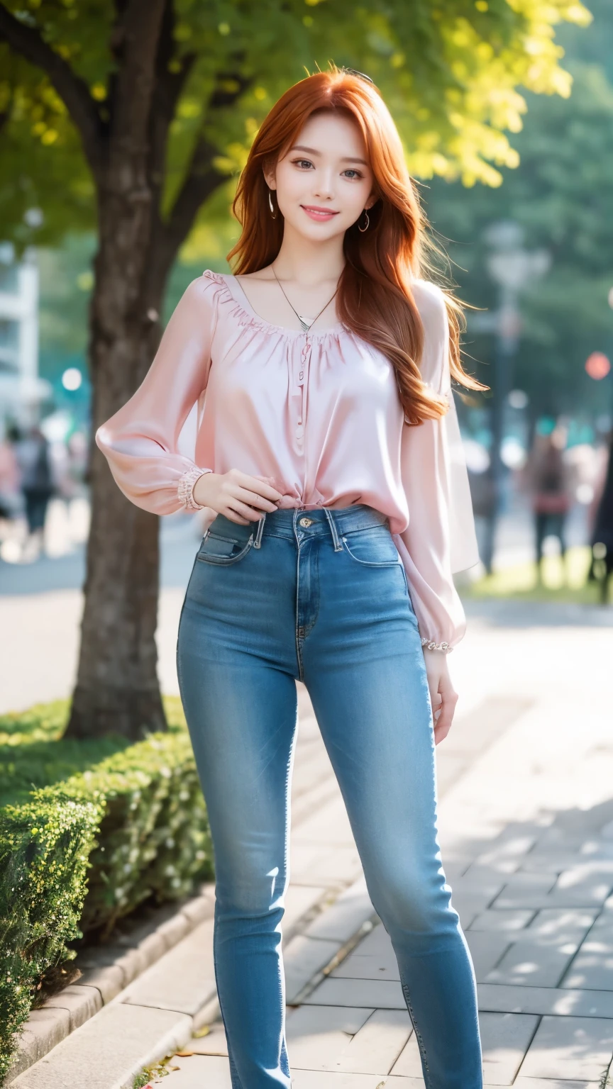 Realistic full body photo of a smiling, Beautiful redhead woman with long hair, She dances in front of the camera in a pink silk blouse and tight-fitting, elegant white tight jeans ...., fine fabrics, Park,glamour fotoshooting, Park, perfect anatomy, perfect green eyes. Perfect hands with 5 fingers on each hand, Suitable woman, look into the camera, 1 Frau. (Eye make up:1.1), (highly detailed skin:1.1), spirit, analog style, keen focus, 8K  UHD, dslr, good quality, Fujifilm XT3, Grain, Award-winning, ​masterpiece. Park