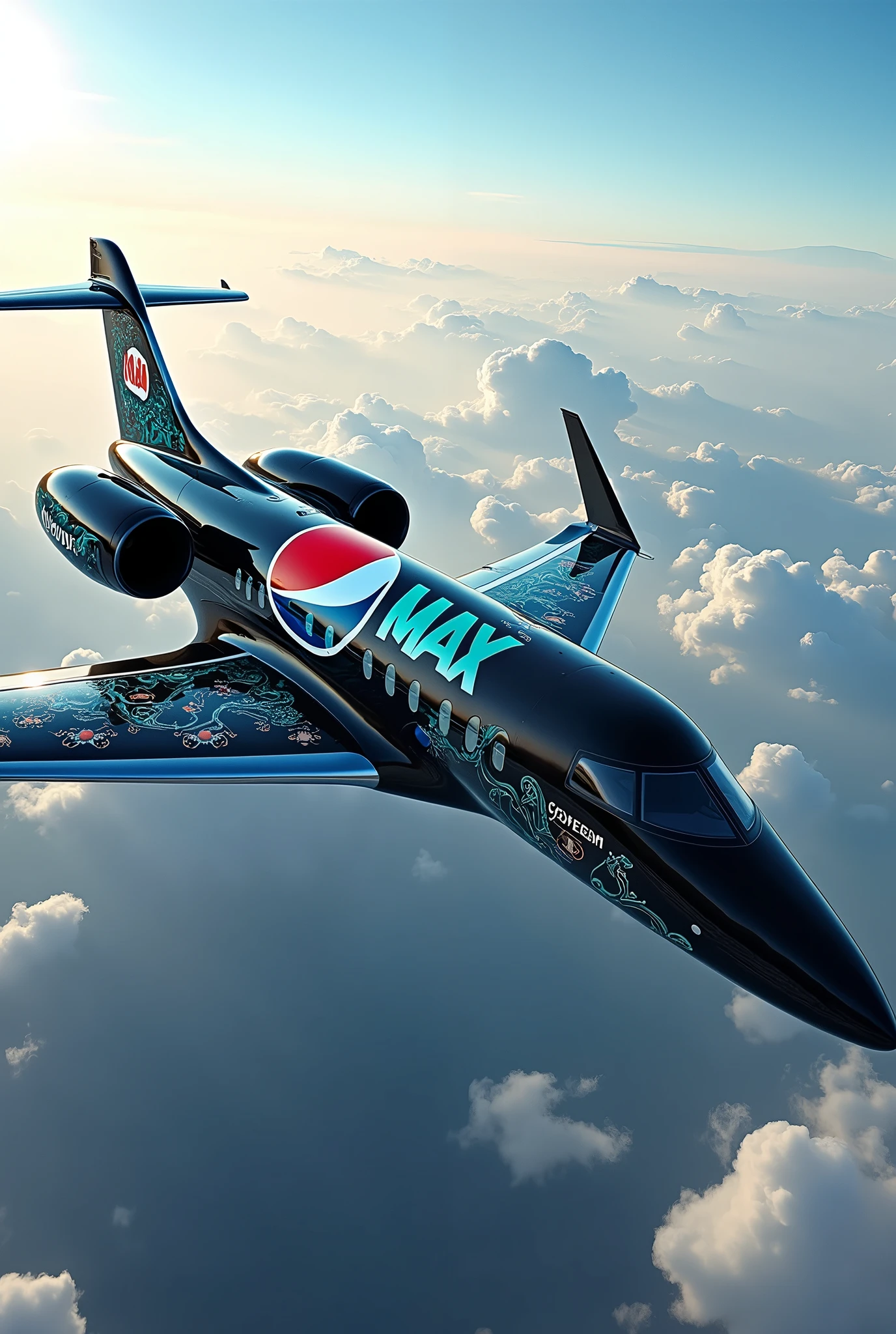 a black private jet painted with Pepsi Max commercial logos and text
