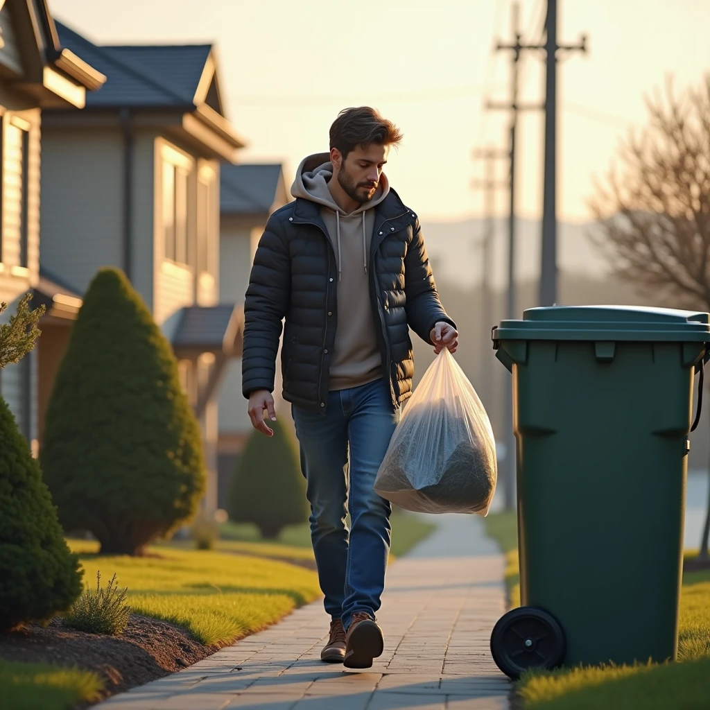 A realistic and professional scene of a person taking out the trash. The setting is a residential area with well-maintained houses or apartment buildings in the background. The person, dressed in casual, weather-appropriate clothing, is carrying a trash bag to a large, outdoor garbage bin. The scene might include details like the texture of the trash bag, the person's focused expression, and the cleanliness of the surrounding environment. The lighting should suggest either early morning or late afternoon, adding a natural and authentic feel to the scene.