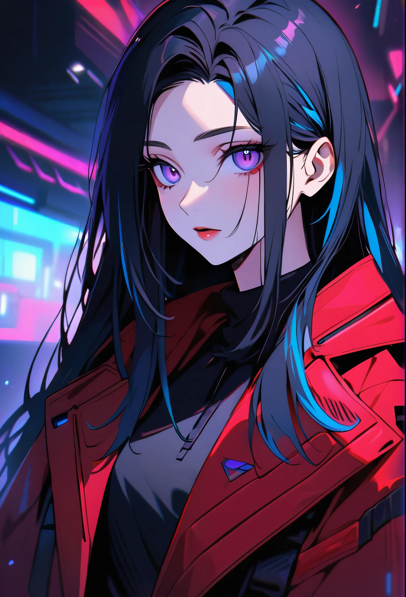 Handsome, solo, 1 female, long hair, black hair, blue highlights on hair tips, purple eyes, black shirt, red robe, futuristic, cyberpunk