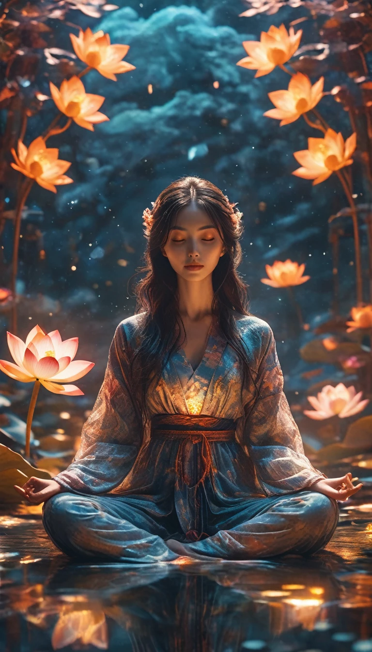 Full body photography of girl in lotus pose,CRU, cinematic shot, (sharp focus:1.5), (photorrealistic:1.4), twilight lighting, volumetric lighting, ultra high resolution, 16K,dramatic lighting, abstract backgrounds:1.5)(Zentangle,datura,tangles,tangle:0.7)Kitsune Witch,kitsune mask,haori jacket, fox spell, fox family, transformation, Depth of field, Fantastic Atmosphere, most beautiful form of chaos, elegance, Dark theme of Fauvist design, Flower of Death, Ecstatic Flowers,bright line,Example of brightness,Tracking Example,flash, contra-luz,translucent,light particles