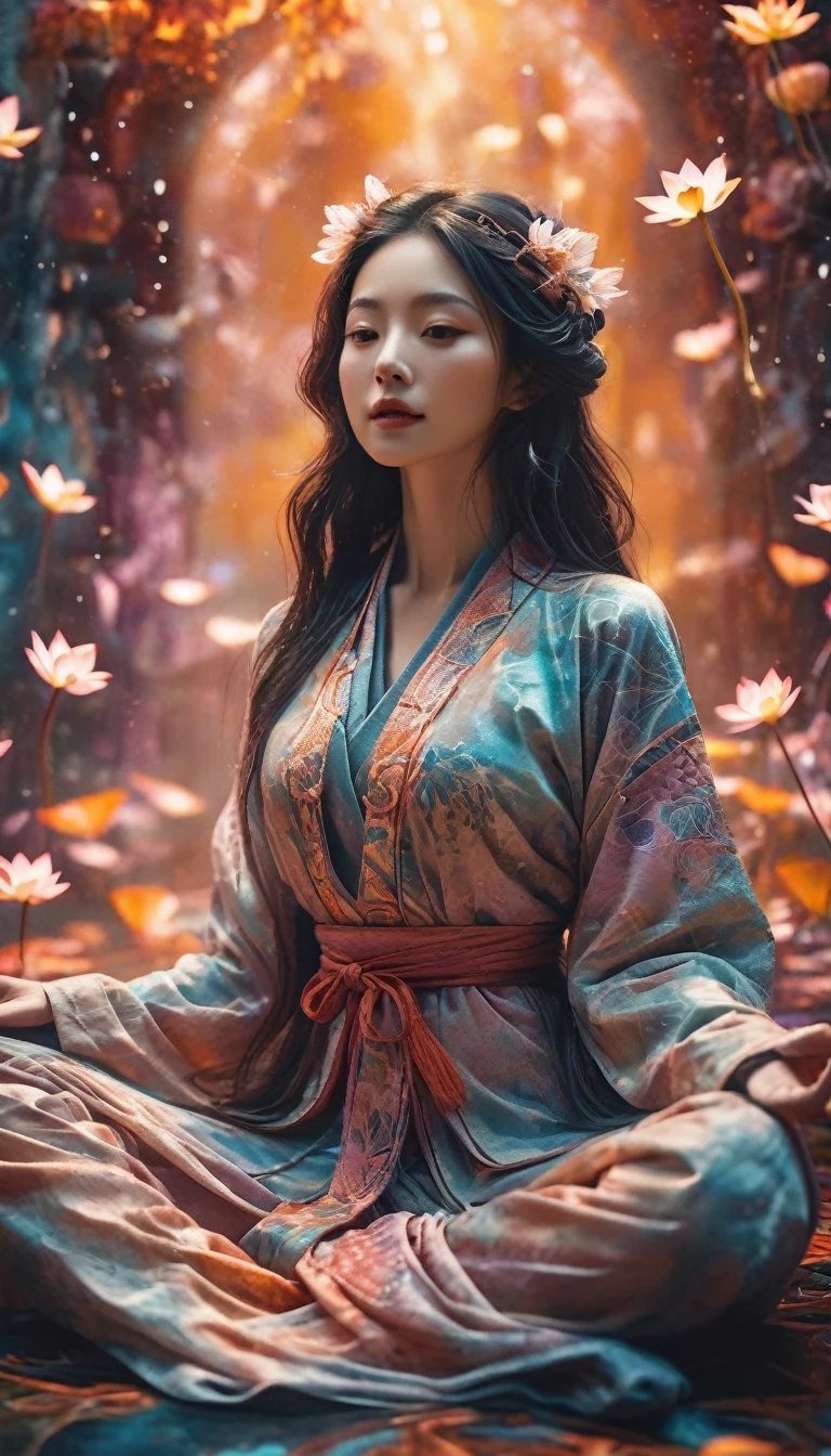 Full body photography of girl in lotus pose，CRU, cinematic shot, (sharp focus:1.5), (photorrealistic:1.4), twilight lighting, volumetric lighting, ultra high resolution, 16K,dramatic lighting, abstract backgrounds：1.5）（Zentangle，datura，tangles，tangle：0.7）Kitsune Witch，kitsune mask，haori jacket, fox spell, fox family, transformation, Depth of field, Fantastic Atmosphere, most beautiful form of chaos, elegance, Dark theme of Fauvist design, Flower of Death, Ecstatic Flowers，bright line,Example of brightness，Tracking Example，flash， contra-luz，translucent，light particles