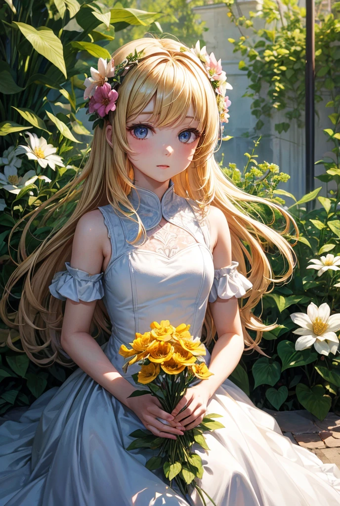 Ada with a flower head A sul with blonde hair wearing a dress made of a flower 1 girl, Alone, 