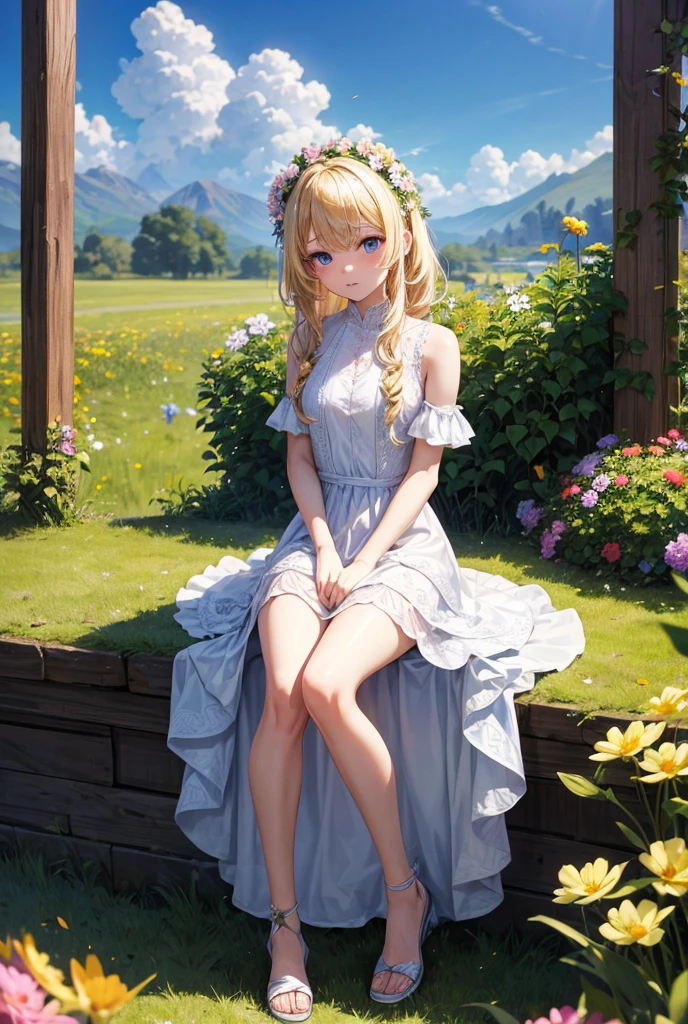 Ada with a flower head A sul with blonde hair wearing a dress made of a flower 1 girl, Alone, 