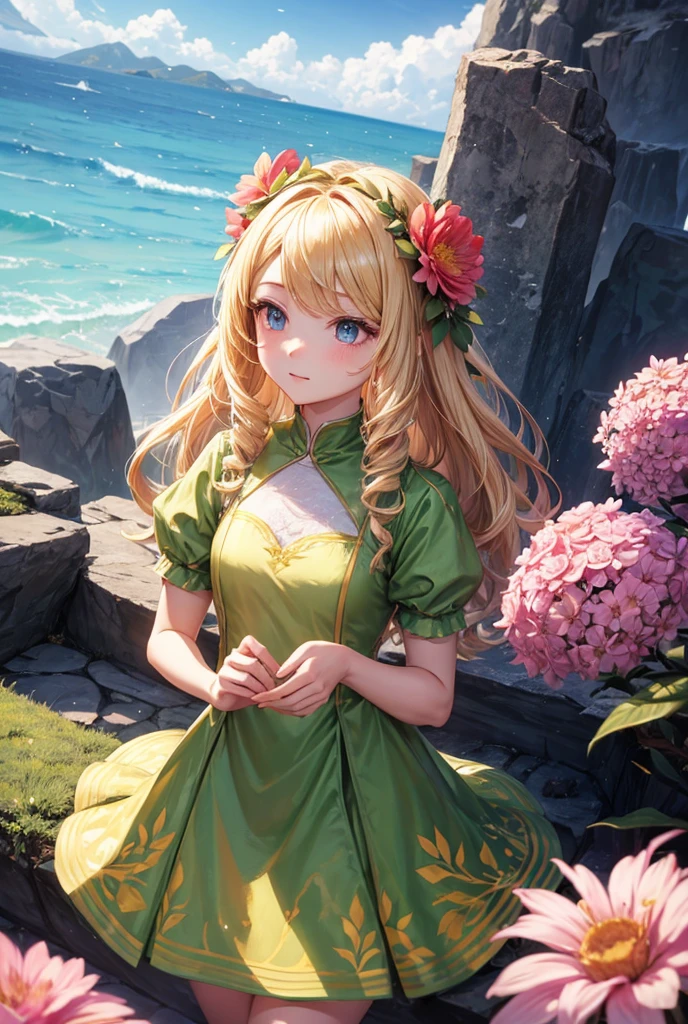 Ada with a flower head A sul with blonde hair wearing a dress made of a flower 1 girl, Alone, 