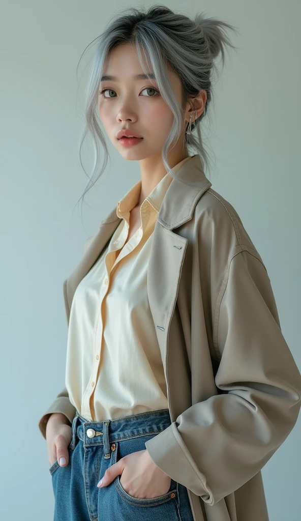 (8k, Photorealistic, RAW Photos, Highest quality: 1.4, detailed),A Japanese idol-like beautiful girl,model,1 person,1,(Short Bob),(Silver Hair),She has her hair tucked behind her ears,Large, clear gray eyes,Long eyelashes,(piercings(small)),(Lip gloss),lips(Plump,glossy),thin long neck,Thin and delicate shoulders,blouse,coat(Mid length(knees))Layered,Wide leg pants(Jeans fabric,Long length(Ankles are hidden)),Sneakers,Cool pose,studio,Front view,Full body shot portrait
