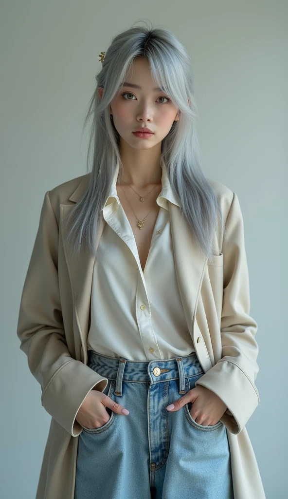 (8k, Photorealistic, RAW Photos, Highest quality: 1.4, detailed),A Japanese idol-like beautiful girl,model,1 person,1,(Short Bob),(Silver Hair),She has her hair tucked behind her ears,Large, clear gray eyes,Long eyelashes,(piercings(small)),(Lip gloss),lips(Plump,glossy),thin long neck,Thin and delicate shoulders,blouse,coat(Mid length(knees))Layered,Wide leg pants(Jeans fabric,Long length(Ankles are hidden)),Sneakers,Cool pose,studio,Front view,Full body shot portrait