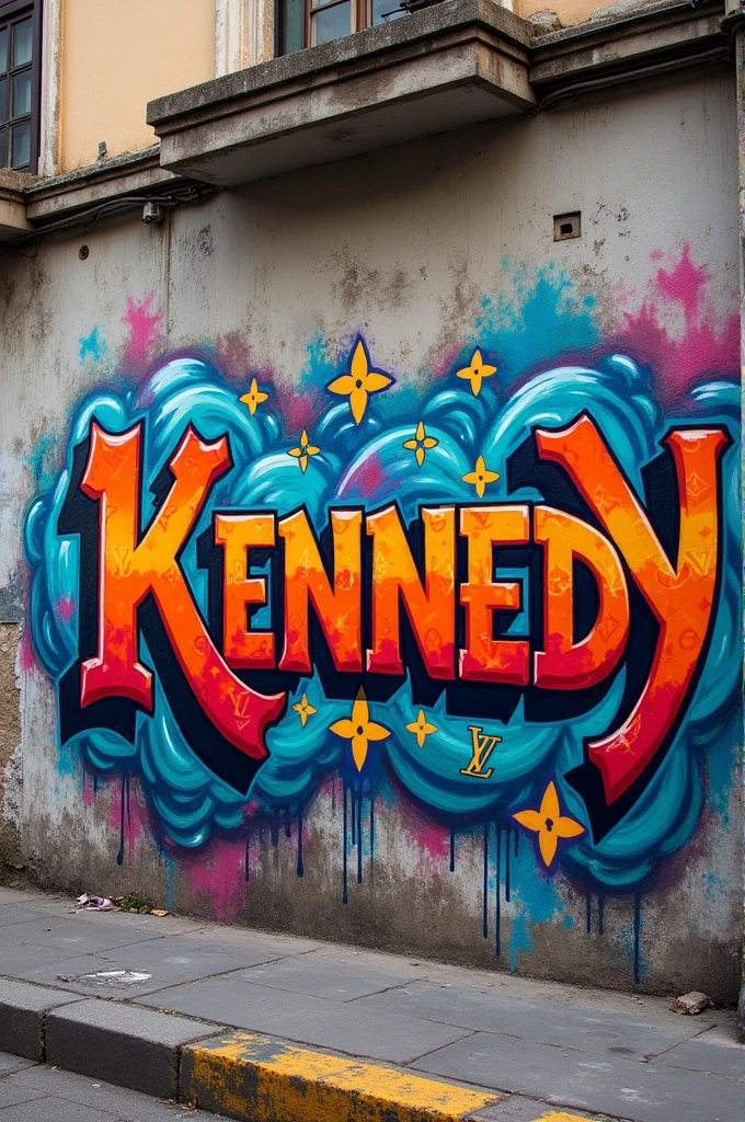 Create a graffiti with the name Kennedy with Louis Vuitton branding details