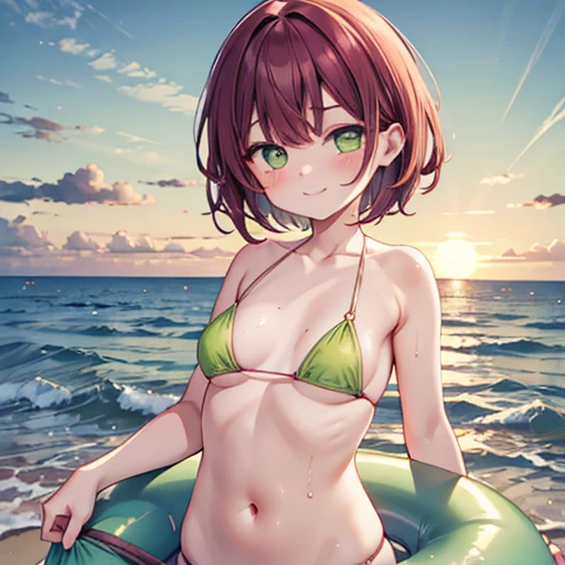 girl,Close one eye,Sunrise at sea,Water Play ,burgundy short hair,String Bikini, ((Lime green eyes)), Big eyes,Droopy eyes,Slender body,smile