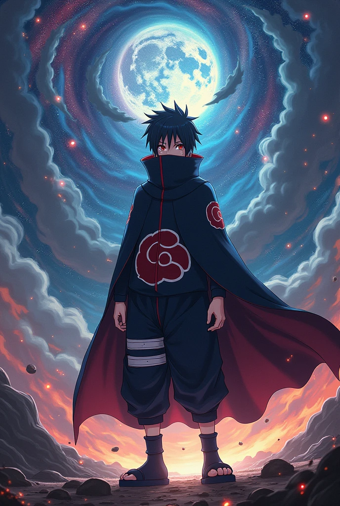 Color front:Obito anime character standing with image
background image:obito anime cosmic all action images