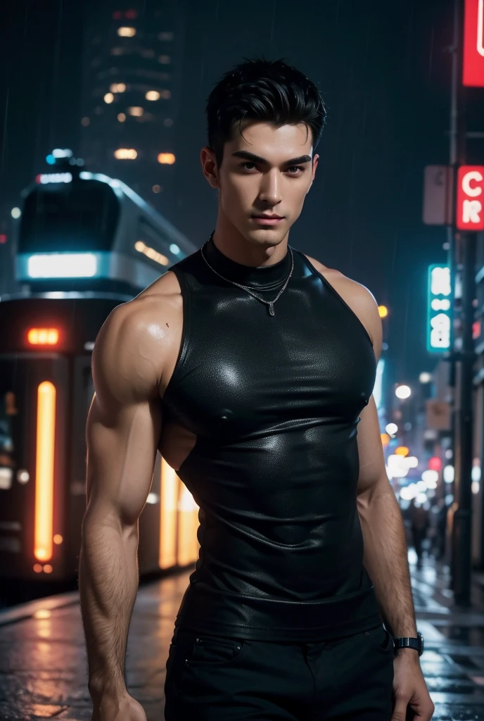 ((masterpiece)),((best quality)),((ultra high detailed)),((realistic,)), a tall handsome muscular young man, cyberpunk, solo, wearing black tank top, extremely detailed face and body, (shiny smooth skin), hot glow in his skin, perfect facial features, beautiful eyes, short hairstyle, sexy gaze, sexy expression, looking at the viewer romantically, beautiful, gorgeous, wet, Futurist era city, architectural streets, futuristic train lines, buildings, night, European city, rainy, neon lights, sexy posture,