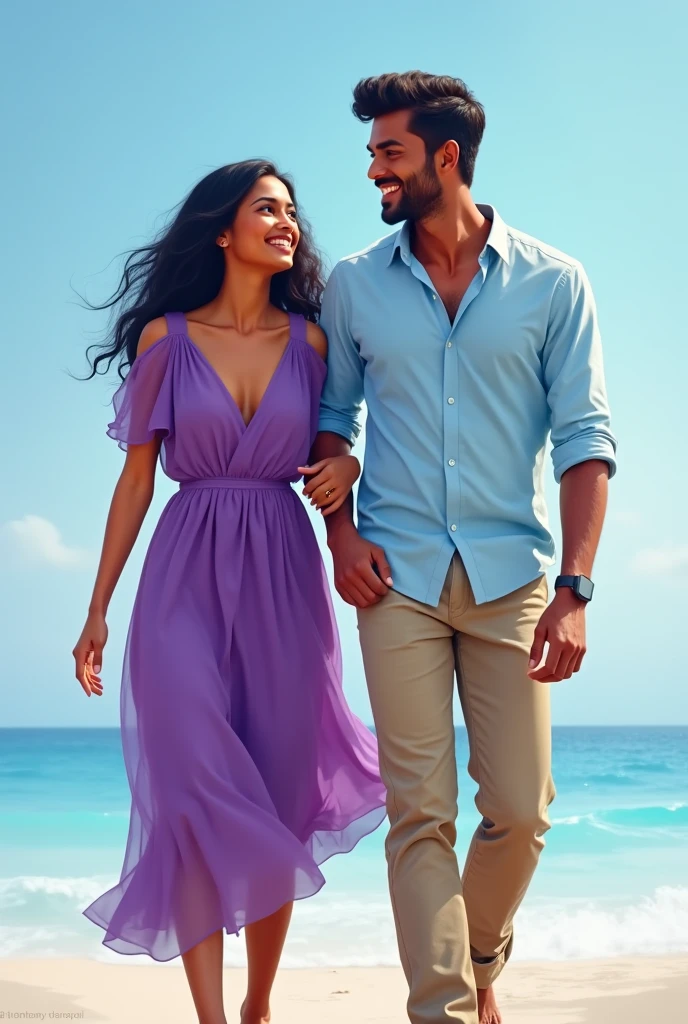 A young indian couple walking together and smiling, the woman wearing a violet dress and the man wearing a light blue shirt and khaki pants, in front of a blue and white background realistic 
