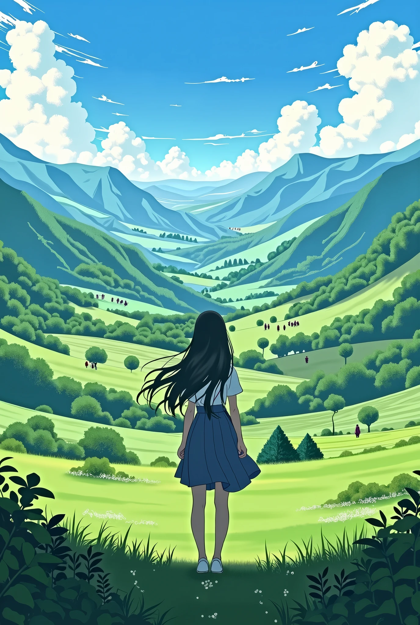 Summer in the countryside、Long Hair, One girl, Japan High Resolution, Back view, 8k octane, Spectacular、People are small、scenery、null