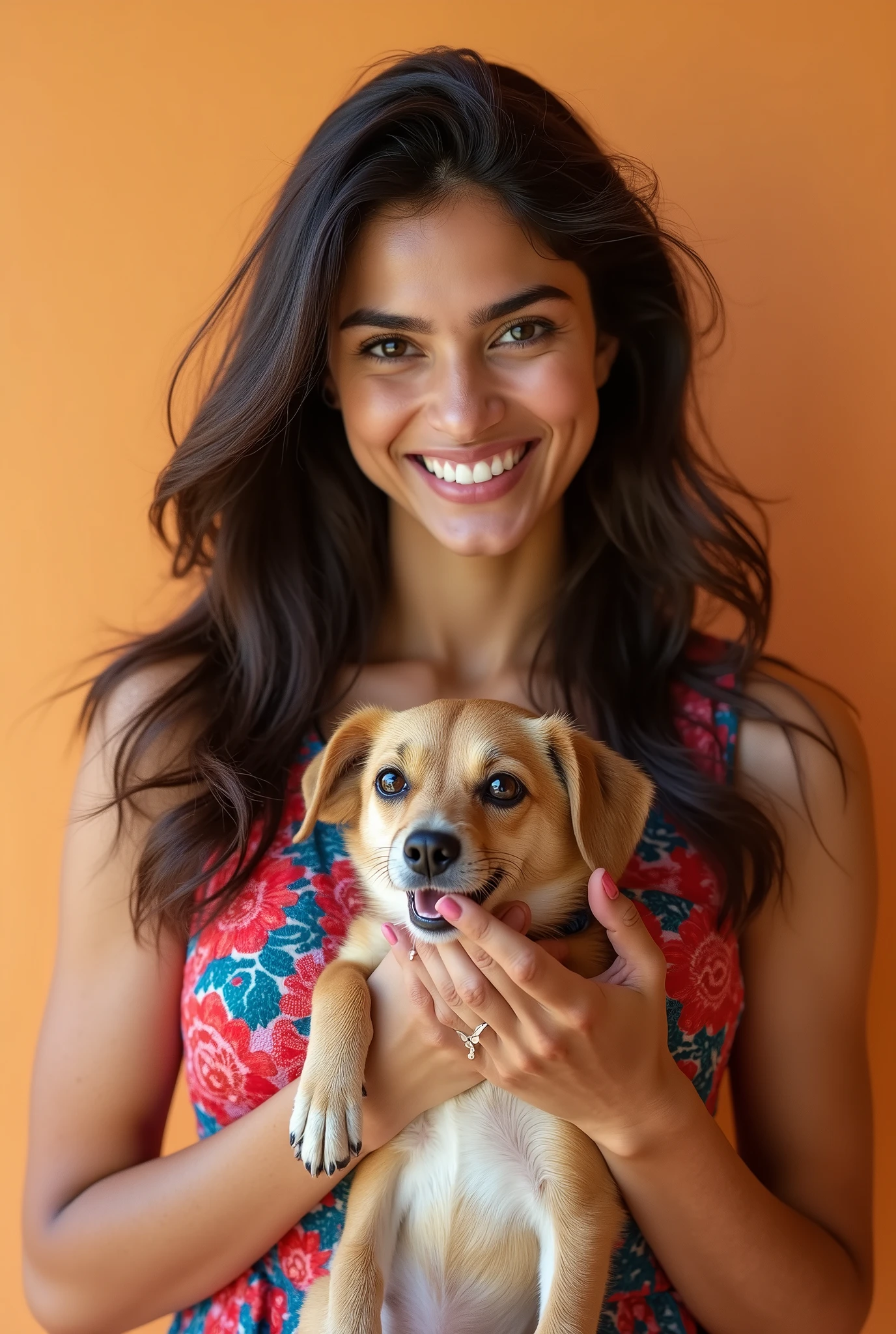 There is a young, Beautiful indian woman, who looks to the future like Katrina Kaif, Smiles into the camera, beautiful teeth, She looks into the camera, a portrait from raw photo, body, color dress, pet on hand,