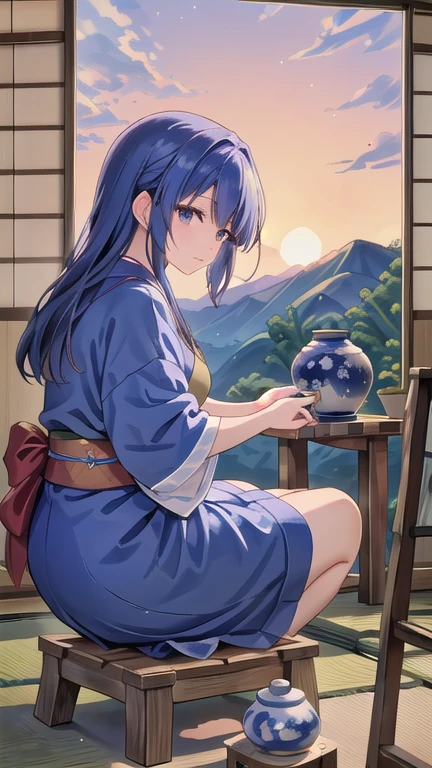 arafed woman making a pot on a wheel in a pottery shop, pottery, ceramic, artisanal art, japanese pottery, beginner, pot, artistic interpretation, clay, beginner art, mixed art, artisan, ceramics, clay art, intermediate art, handmade pottery, japanese woman, porcelain, japanese, master, large portrait, morning golden hour, woman