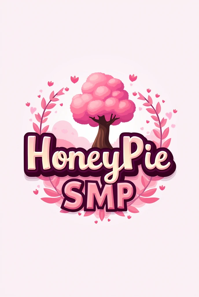 Make A minecraft SMP logo with text "HoneyPie SMP NAME" (pink theme) with transparent background with logo Cherry trees and pixel