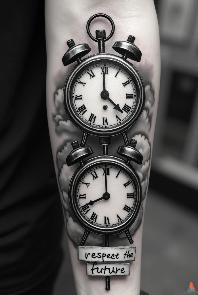 Create a template for a tattoo, which should be placed on the forearm of a man. The tattoo should show 2 old clocks on top of each other. The clocks have a time difference of 7 hours. Under the upper clock, the sentence “respect the past” is said to be written on a piece of paper. Under the lower clock, the sentence “create the future” is said to be written on a piece of paper. The tattoo is black and white. There are clouds in the background