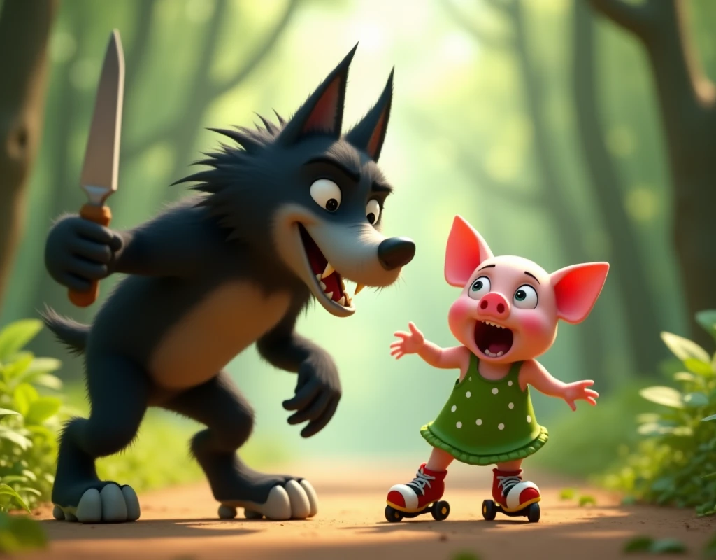 pixar style, 3d, 1scared cute piglet and 1big tall black wolf, the cute piglet is in front and on right side screaming loudly in fear while moving fast on her rollerblades, the piglet is wearing green dress with white polka dots. The big tall black wolf is on the left side much behind the piglet and looking at the piglet laughing scarily, the black wolf is very furry with grey snout and belly, holding a fork and a knife, with ((hyperrealistic black fur:1.4)), cute but revengeful mischief and is looking at the piglet while laughing and looking sly and scary. The setting is of a jungle in bright day light, game button art, Game illustration, lovely digital painting, artstation for kids art, Official artwork, key art, mobile game art, cover game art, zootopia concept art, (soft lighting:1.3), (green and earthy color scheme:1.3), (highly detailed), (ultra quality:1.3), (masterpiece), (digital art), 8K resolution, HDR, depth of field, (soft shadows), (photorealistic:1.3), (animation:1.2), (by Greg Rutkowski:0.9), (in the style of Alphonse Mucha), trending on ArtStation, award-winning art, 3d style