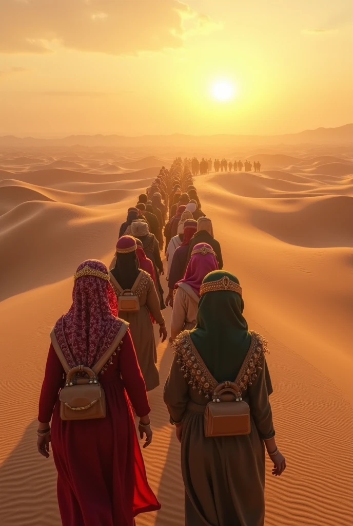 A lot of people are walking in rows across the Arabian desert. Some women are also with them.
They were wearing Arabic clothes.
The sun has risen in the eastern sky and a chill is flying in the sky.
They had various putli on their heads and hands.