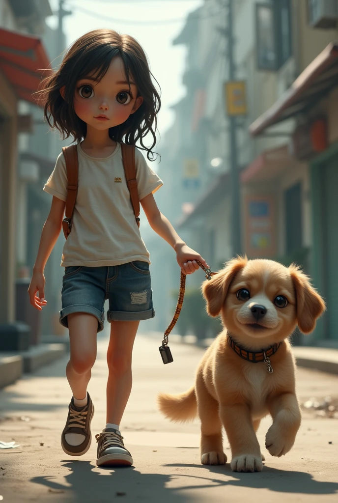 Girl walking around with a leash that is connected to a collar of a boy