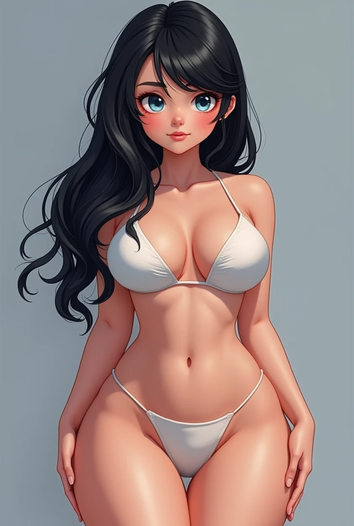 Create a picture of a girl with big thighs, flat chest, black hair, blue eyes, fair skin, and a .
