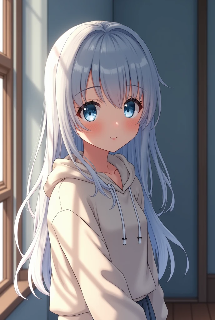 Highest quality, Face Focus, Soft Light, Ultra-high resolution, (Realistic:1.4), RAW Photos, 1 Japanese girl, alone, cute, (A shy smile:0.5), (Light blue eyes, Light in your eyes), Beautiful face in every detail, (Small box),(High resolution detail of human skin texture), Silver Hair(Long Hair), break, In the room,hoodie, skirt,Quiet child