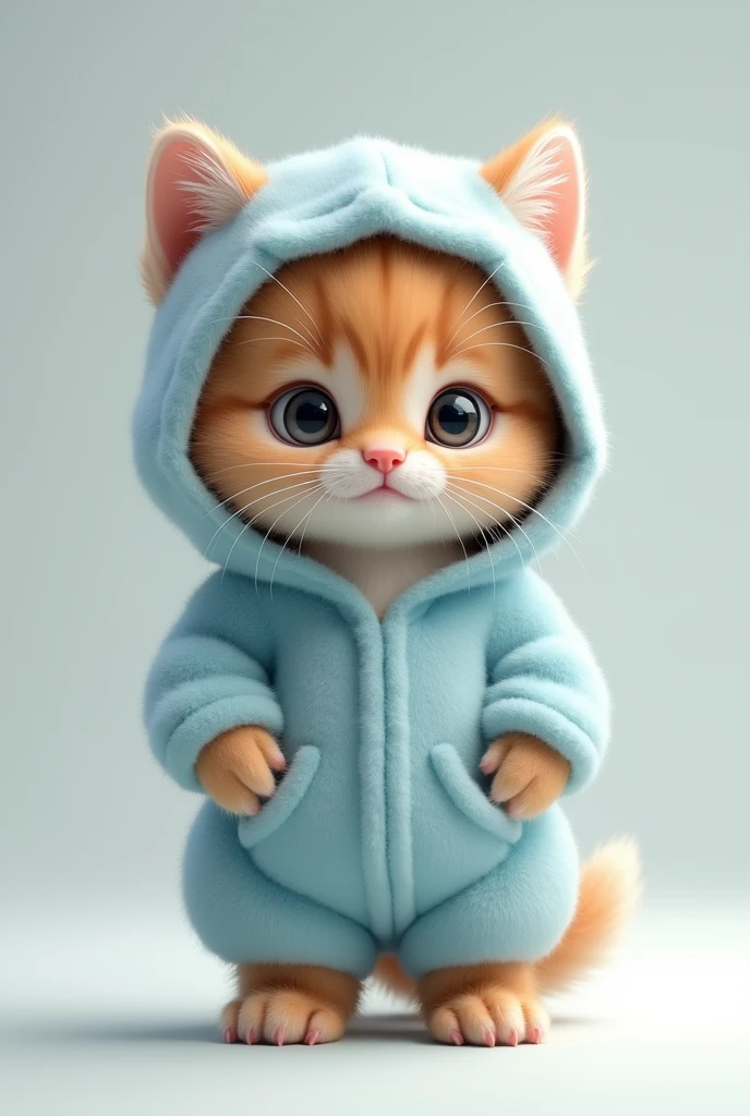 Zhao is cute、Realistic munchkin kitten、Standing in a cute fluffy light blue hooded outfit