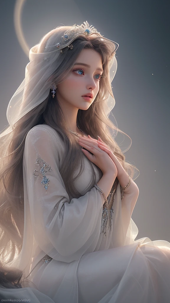 1girl, beautiful detailed eyes, beautiful detailed lips, extremely detailed face and features, long flowing hair, graceful flowing dress, praying pose, soft lighting, sacred atmosphere, halo effect, serene expression, ethereal beauty, elegant figure, timeless beauty, photorealistic, 8k, high quality, masterpiece, digital art