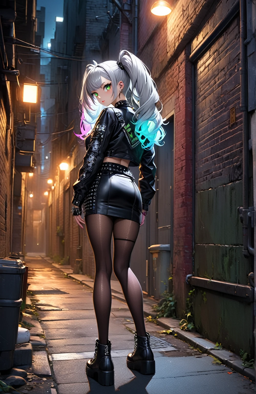 Ultra high resolution, rich colors, perfect image, top quality, detailed image, beautiful single woman, glowing skin, skin and clothing texture, delicate eyes, back alley at night, punk gal, punk girl, choker, tight skirt, pantyhose, full body, silver hair twin tails, green eyes