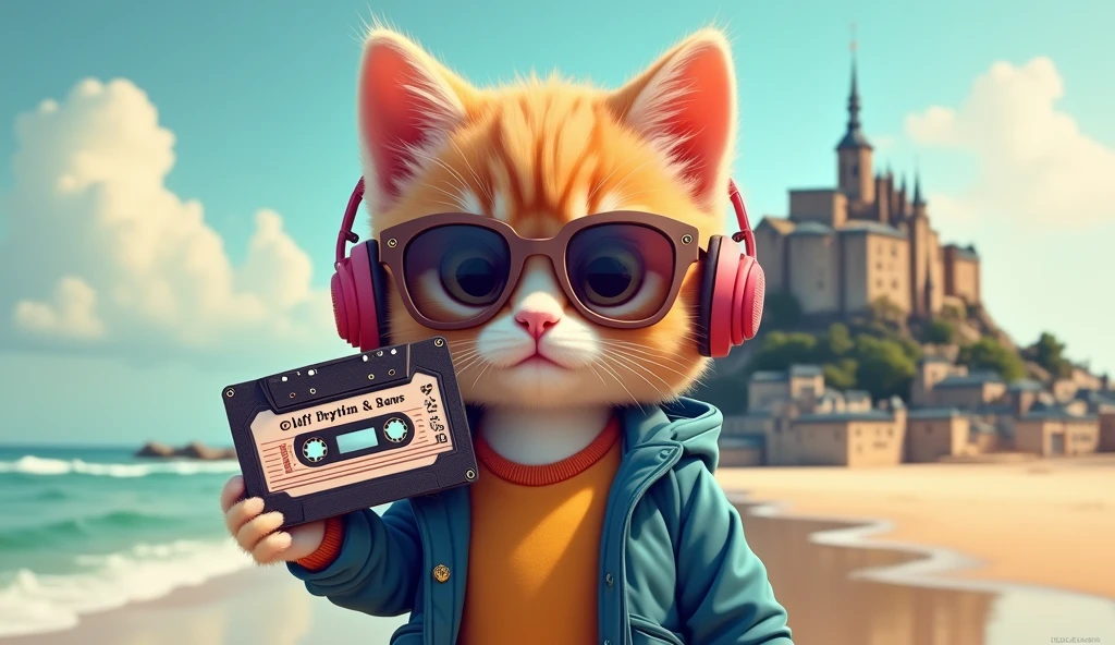 1920x1080 16:9 Perfect Centering, whole body、Cute kitten, Wear a school jacket, Wear sunglasses, Wearing headphones and holding a cassette tape The cassette inscription is Lofi Rhythm & It says Paws, Standing position, Abstract Beauty, Centered, Looking into the camera, To the camera, Near perfect, dynamic, Mont Saint-Michel、Very detailed, Digital Painting, artステーション, コンセプトart, Smooth, Sharp focus, 8k, High resolution, shape, art:Karn Griffiths and Vadim Kashin, world heritage
