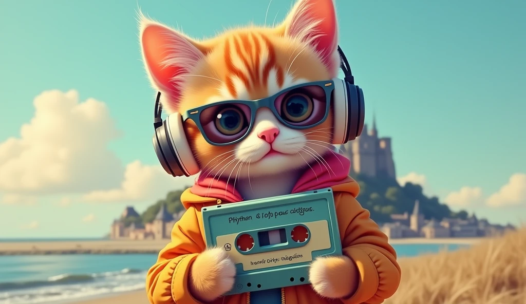 1920x1080 16:9 Perfect Centering, whole body、Cute kitten, Wear a school jacket, Wear sunglasses, Wearing headphones and holding a cassette tape The cassette inscription is Lofi Rhythm & It says Paws, Standing position, Abstract Beauty, Centered, Looking into the camera, To the camera, Near perfect, dynamic, Mont Saint-Michel、Very detailed, Digital Painting, artステーション, コンセプトart, Smooth, Sharp focus, 8k, High resolution, shape, art:Karn Griffiths and Vadim Kashin, world heritage