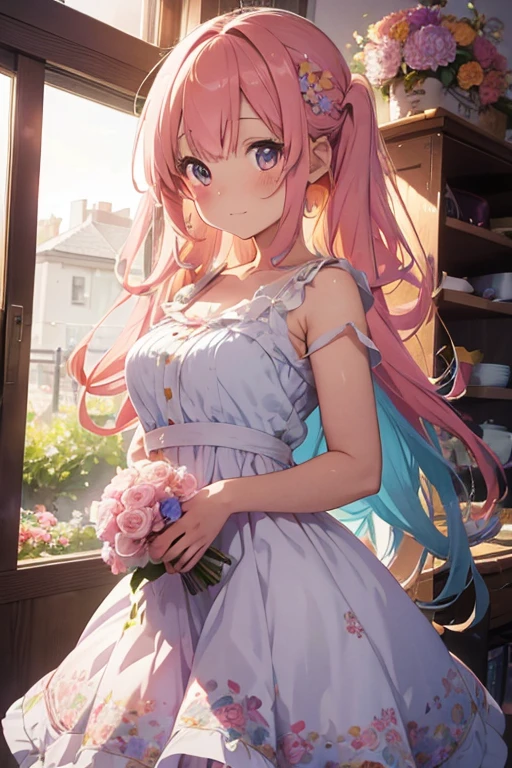 a sweet anime girl with long, curly colorful hair that reaches her waist, wearing an elegant pastel-colored dress with floral details, holding a bouquet of flowers, serene and beautiful expression, detailed face, highly detailed, 8k, photorealistic, vibrant colors, soft lighting, magical fantasy aesthetic