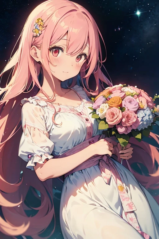 a sweet anime girl with long, curly colorful hair that reaches her waist, wearing an elegant pastel-colored dress with floral details, holding a bouquet of flowers, serene and beautiful expression, detailed face, highly detailed, 8k, photorealistic, vibrant colors, soft lighting, magical fantasy aesthetic