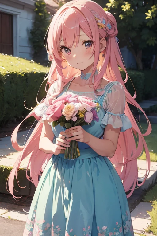 a sweet anime girl with long, curly colorful hair that reaches her waist, wearing an elegant pastel-colored dress with floral details, holding a bouquet of flowers, serene and beautiful expression, detailed face, highly detailed, 8k, photorealistic, vibrant colors, soft lighting, magical fantasy aesthetic