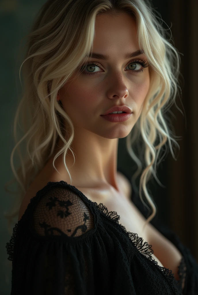 1girl, beautiful detailed eyes, beautiful detailed lips, extremely detailed face and body, long eyelashes, blonde hair, russian, elegant pose, medium breasts, photorealistic, 8k, hyperdetailed, chiaroscuro lighting, dramatic lighting, dramatic colors, cinematic, elegant, graceful, mysterious